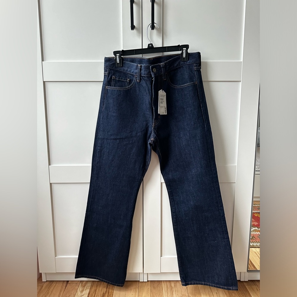 NWT MUJI Japanese Denim Flared Unisex Pants Dark Navy Organic Cotton
